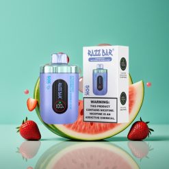 Razz Bar 50K Puffs Vape Jetable Fraise Pastèque Bubble Gum - 50000 Puffs, Bobine Mesh 1.0 Ohm, Batterie 650 mAh, Rechargeable Type-C, 2% Nicotine